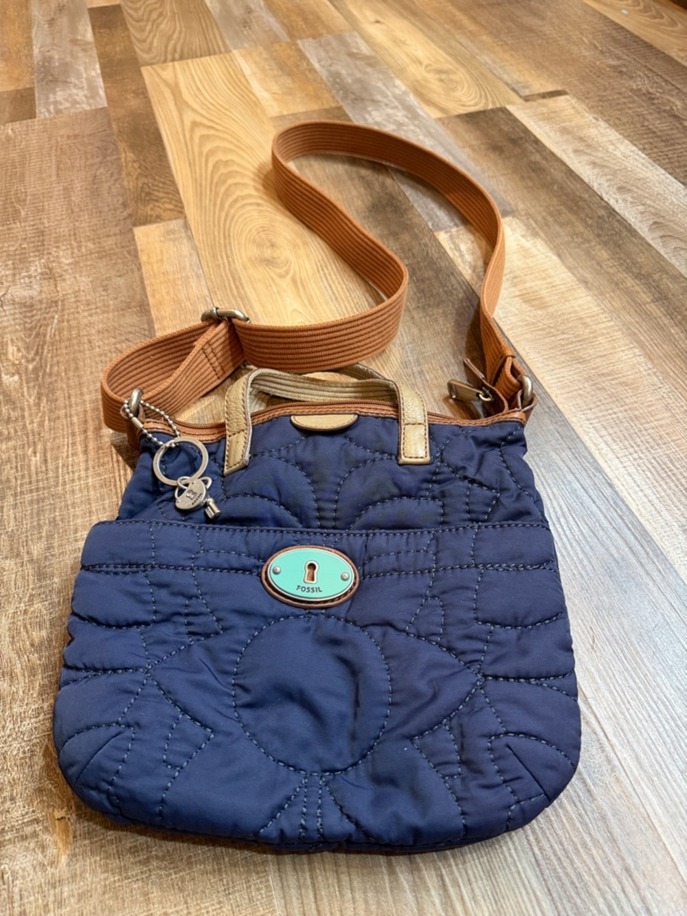 Fossil Navy Quilted Crossbody with Tan Strap and Turquoise Accent